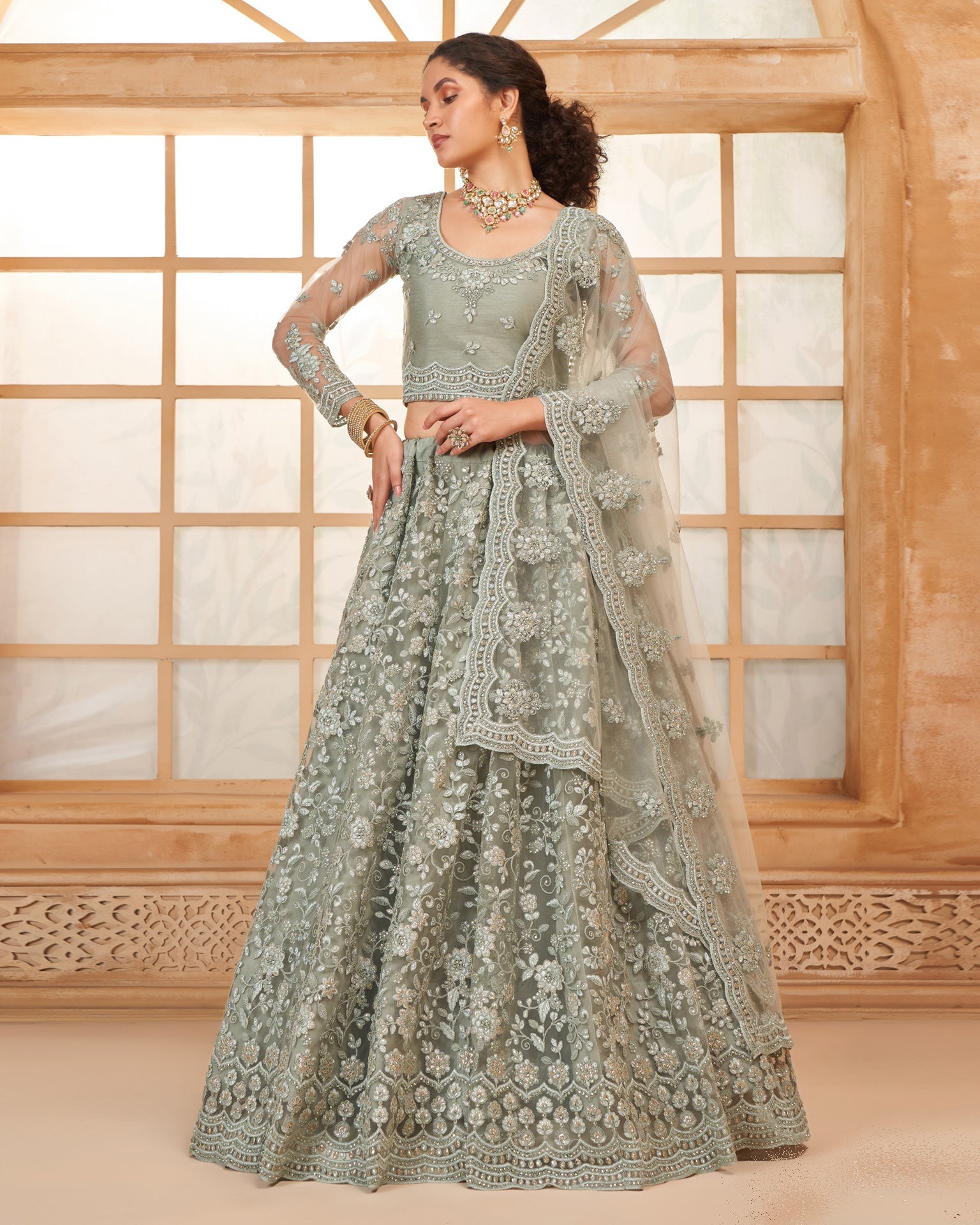 Grey Net Thread & Stone Work Women Unstitched Lehenga Choli With Net Dupatta
