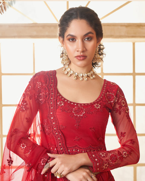 Red Net Thread & Stone Work Women Unstitched Lehenga Choli With Net Dupatta