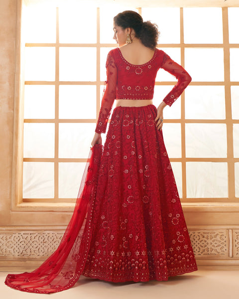 Red Net Thread & Stone Work Women Unstitched Lehenga Choli With Net Dupatta