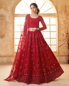 Red Net Thread & Stone Work Women Unstitched Lehenga Choli With Net Dupatta