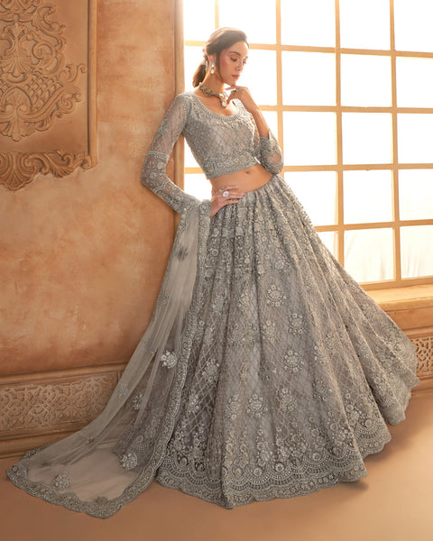 Grey Net Thread & Stone Work Women Unstitched Lehenga Choli With Net Dupatta