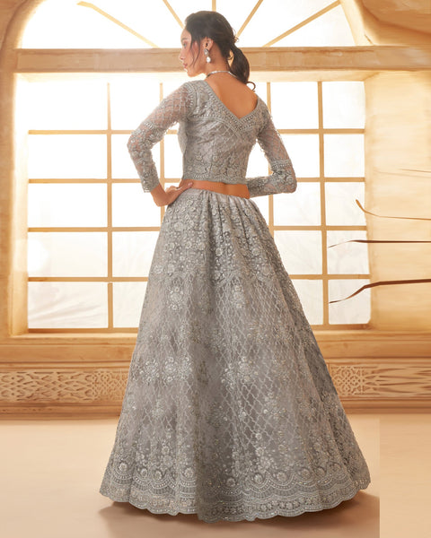 Grey Net Thread & Stone Work Women Unstitched Lehenga Choli With Net Dupatta