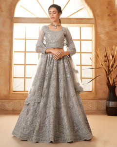 Grey Net Thread & Stone Work Women Unstitched Lehenga Choli With Net Dupatta