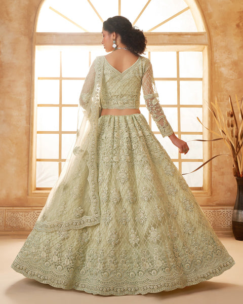 Light Green Net Thread & Stone Work Women Unstitched Lehenga Choli With Net Dupatta