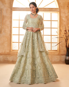Light Green Net Thread & Stone Work Women Unstitched Lehenga Choli With Net Dupatta