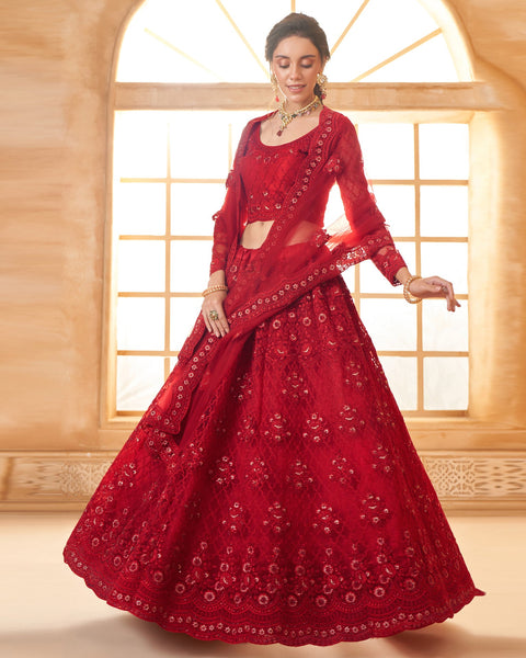 Red Net Thread & Stone Work Women Unstitched Lehenga Choli With Net Dupatta