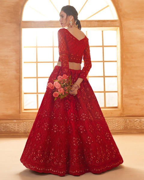 Red Net Thread & Stone Work Women Unstitched Lehenga Choli With Net Dupatta