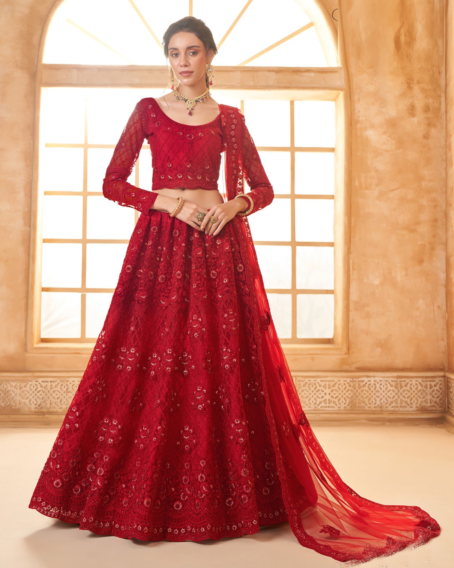 Red Net Thread & Stone Work Women Unstitched Lehenga Choli With Net Dupatta
