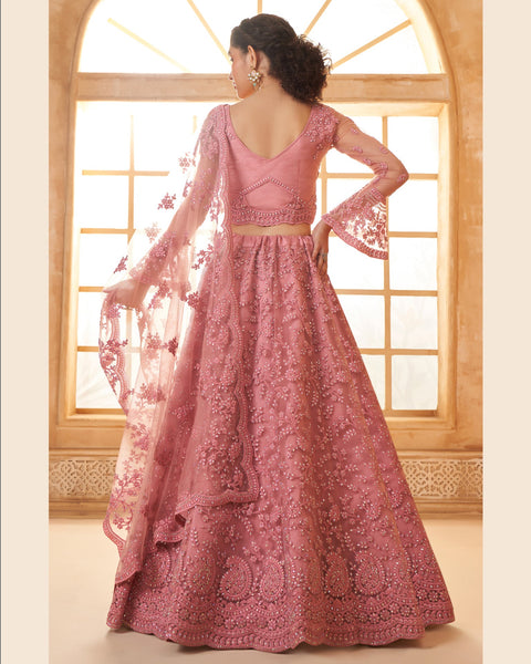 Rose Pink Net Thread & Stone Work Women Unstitched Lehenga Choli With Net Dupatta