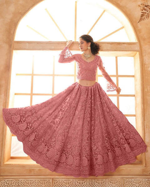 Rose Pink Net Thread & Stone Work Women Unstitched Lehenga Choli With Net Dupatta
