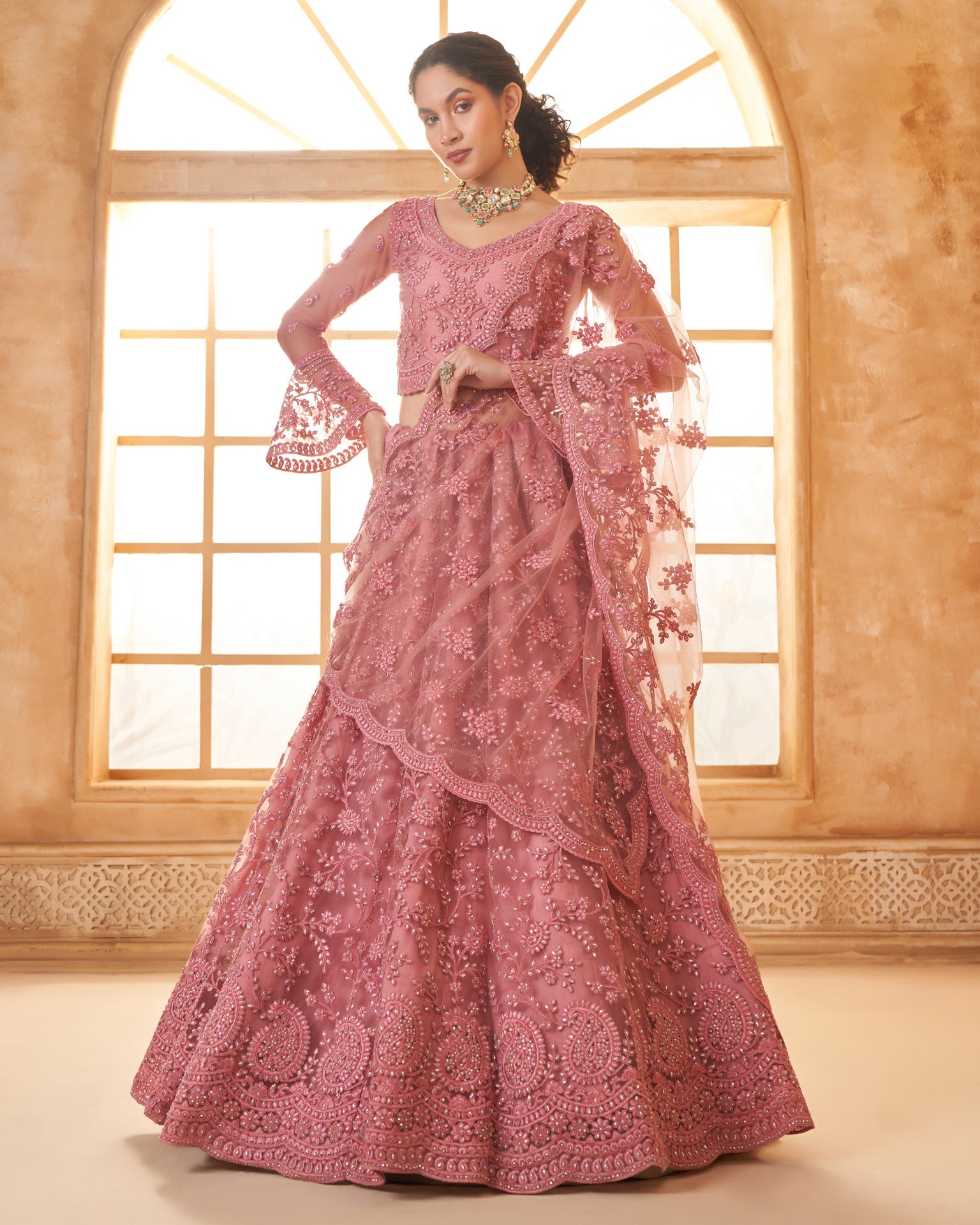 Rose Pink Net Thread & Stone Work Women Unstitched Lehenga Choli With Net Dupatta