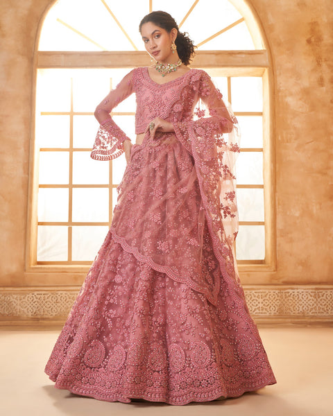 Rose Pink Net Thread & Stone Work Women Unstitched Lehenga Choli With Net Dupatta
