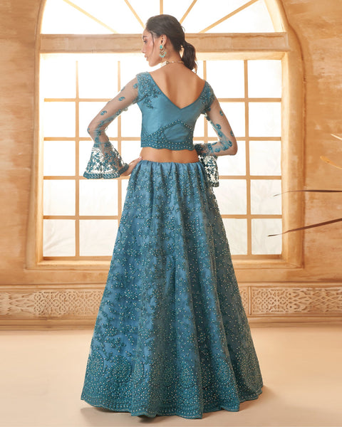 Blue Net Thread & Stone Work Women Unstitched Lehenga Choli With Net Dupatta