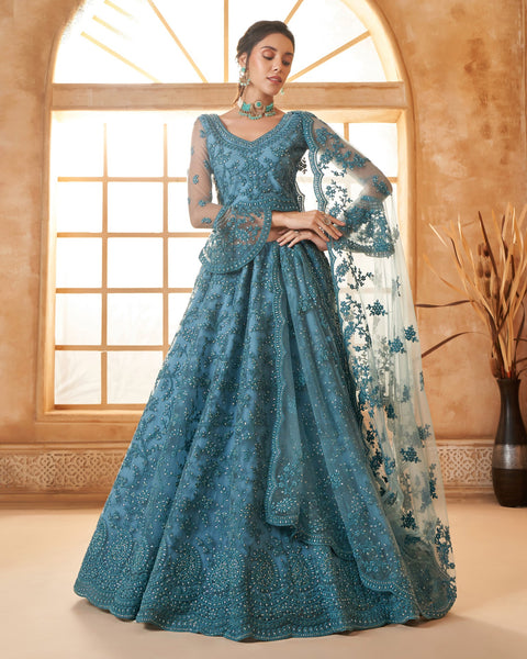 Blue Net Thread & Stone Work Women Unstitched Lehenga Choli With Net Dupatta