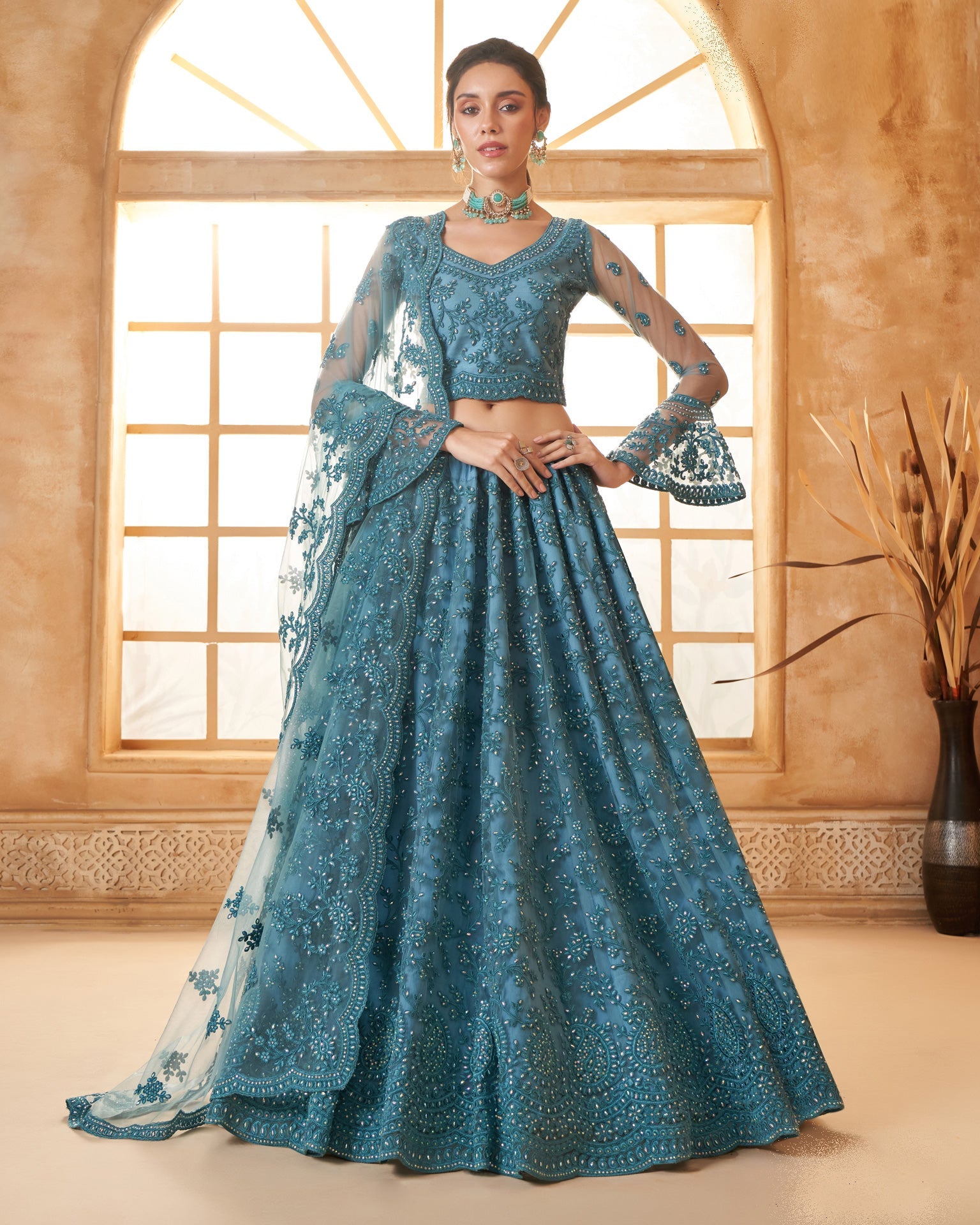 Blue Net Thread & Stone Work Women Unstitched Lehenga Choli With Net Dupatta
