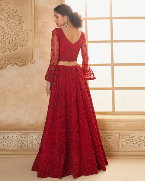 Red Net Thread & Stone Work Women Unstitched Lehenga Choli With Net Dupatta