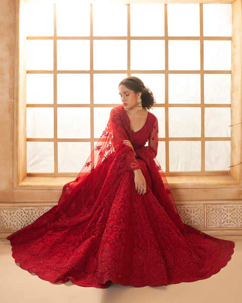 Red Net Thread & Stone Work Women Unstitched Lehenga Choli With Net Dupatta