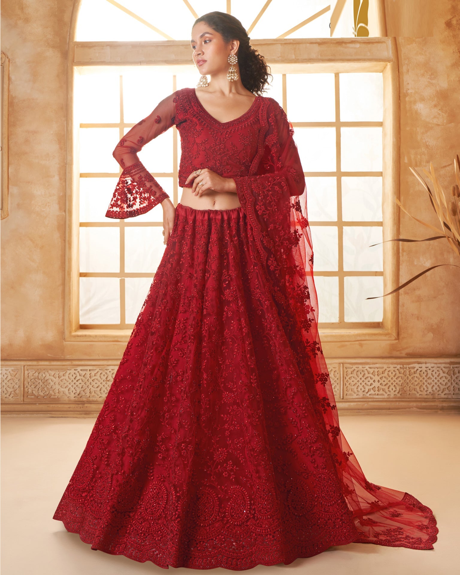 Red Net Thread & Stone Work Women Unstitched Lehenga Choli With Net Dupatta