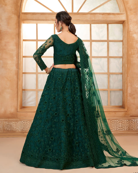 Dark Green Net Thread & Stone Work Women Unstitched Lehenga Choli With Net Dupatta