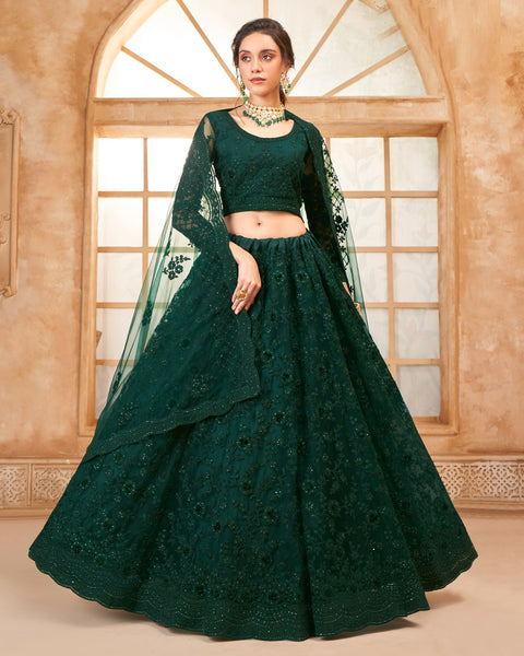 Dark Green Net Thread & Stone Work Women Unstitched Lehenga Choli With Net Dupatta