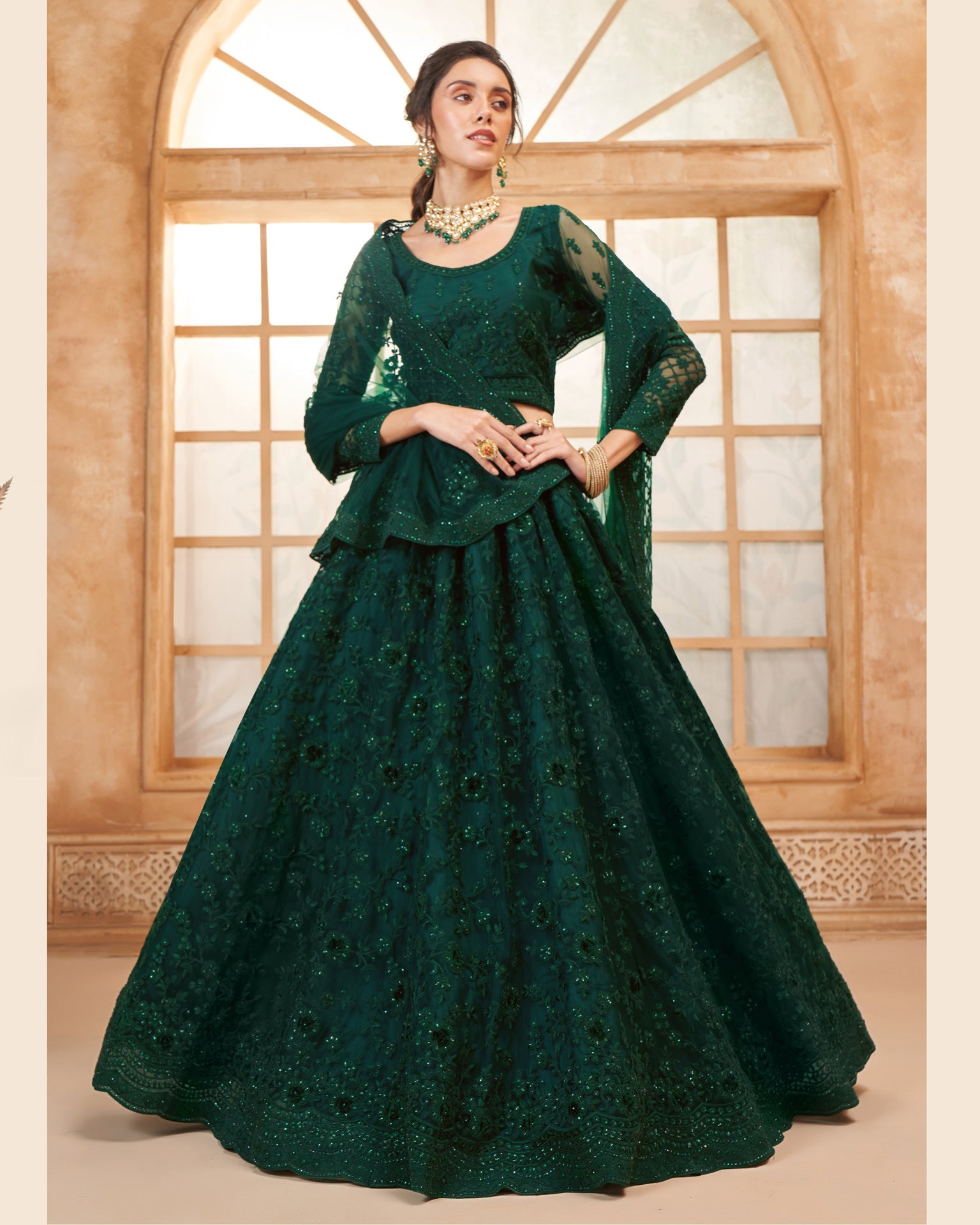 Dark Green Net Thread & Stone Work Women Unstitched Lehenga Choli With Net Dupatta