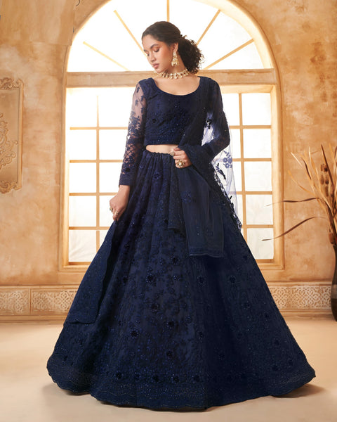 Navy Blue Net Thread & Stone Work Women Unstitched Lehenga Choli With Net Dupatta