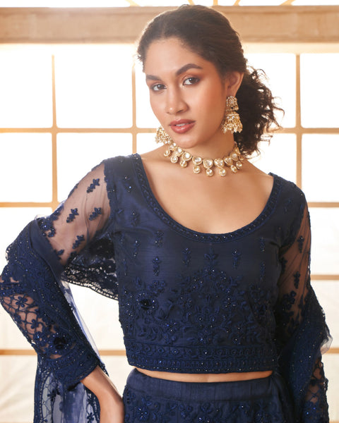 Navy Blue Net Thread & Stone Work Women Unstitched Lehenga Choli With Net Dupatta