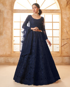 Navy Blue Net Thread & Stone Work Women Unstitched Lehenga Choli With Net Dupatta