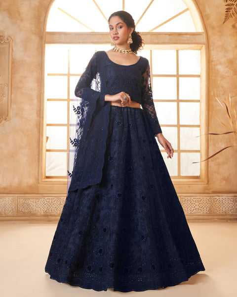 Navy Blue Net Thread & Stone Work Women Unstitched Lehenga Choli With Net Dupatta