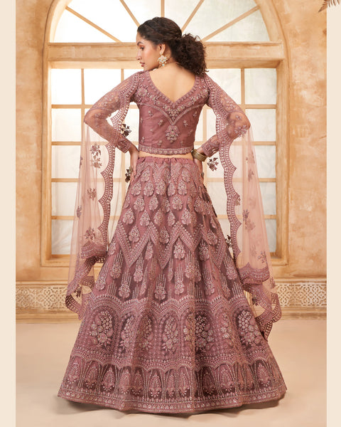 Rose Gold Net Thread & Stone Work Women Unstitched Lehenga Choli With Net Dupatta