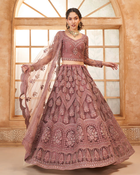 Rose Gold Net Thread & Stone Work Women Unstitched Lehenga Choli With Net Dupatta