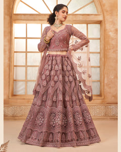 Rose Gold Net Thread & Stone Work Women Unstitched Lehenga Choli With Net Dupatta
