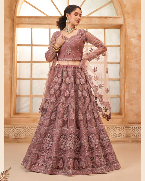 Rose Gold Net Thread & Stone Work Women Unstitched Lehenga Choli With Net Dupatta
