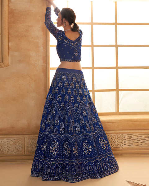 Blue Net Thread & Stone Work Women Unstitched Lehenga Choli With Net Dupatta