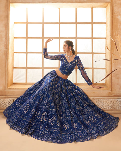 Blue Net Thread & Stone Work Women Unstitched Lehenga Choli With Net Dupatta