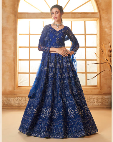 Blue Net Thread & Stone Work Women Unstitched Lehenga Choli With Net Dupatta