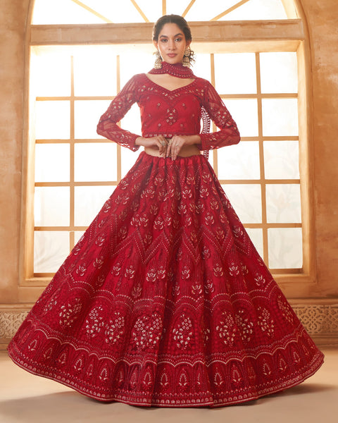 Red Net Thread & Stone Work Women Unstitched Lehenga Choli With Net Dupatta