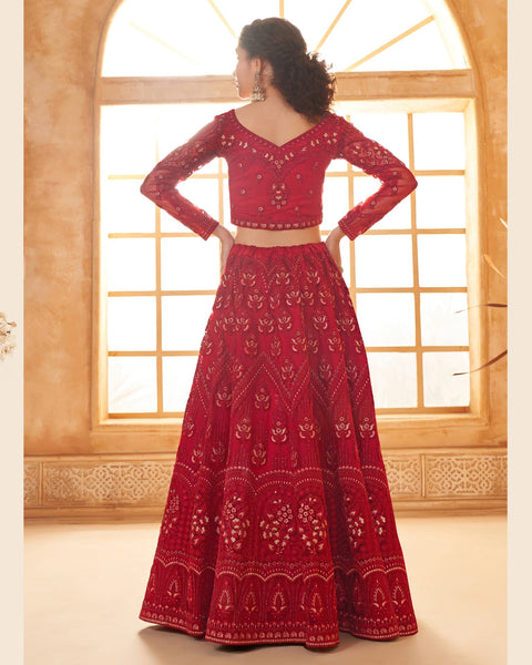 Red Net Thread & Stone Work Women Unstitched Lehenga Choli With Net Dupatta