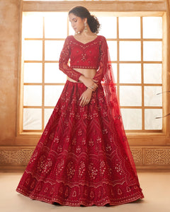 Red Net Thread & Stone Work Women Unstitched Lehenga Choli With Net Dupatta