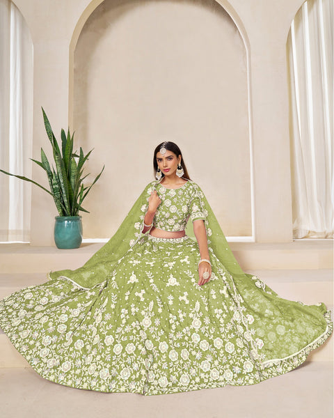 Green Crushed Organza Unstitched Thread Sequins Work Women Lehenga Choli