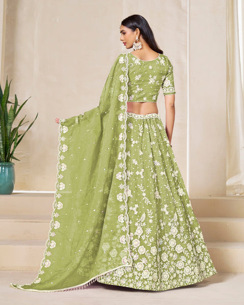 Green Crushed Organza Unstitched Thread Sequins Work Women Lehenga Choli