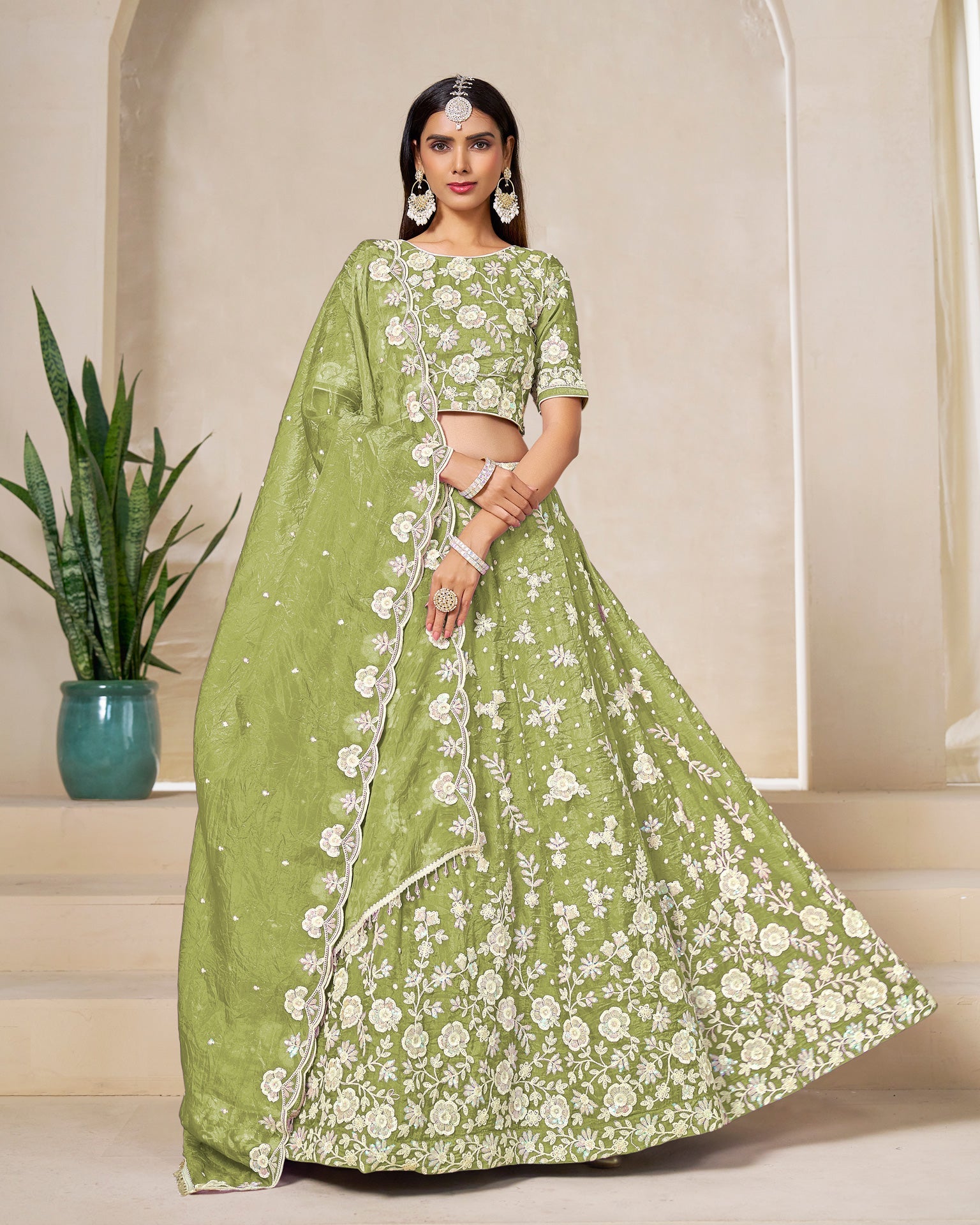 Green Crushed Organza Unstitched Thread Sequins Work Women Lehenga Choli