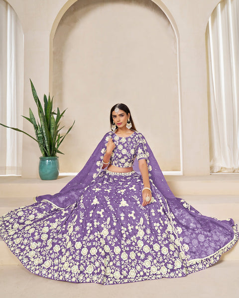Purple Crushed Organza Unstitched Thread Sequins Work Women Lehenga Choli