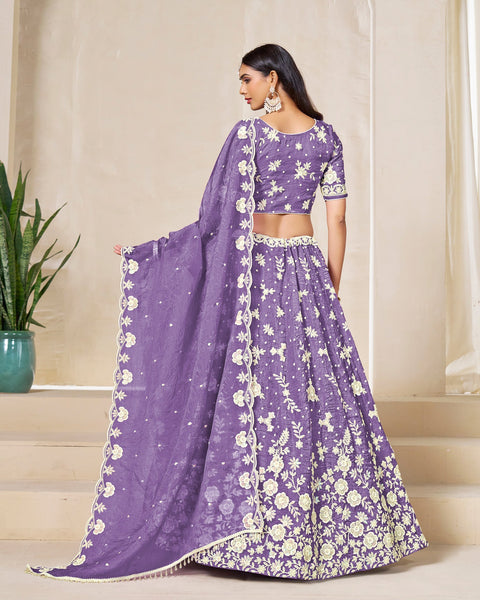 Purple Crushed Organza Unstitched Thread Sequins Work Women Lehenga Choli