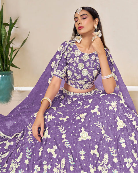 Purple Crushed Organza Unstitched Thread Sequins Work Women Lehenga Choli