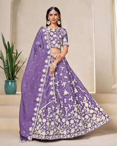 Purple Crushed Organza Unstitched Thread Sequins Work Women Lehenga Choli