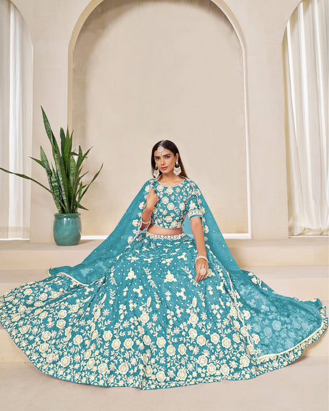 Sky Blue Crushed Organza Unstitched Thread Sequins Work Women Lehenga Choli