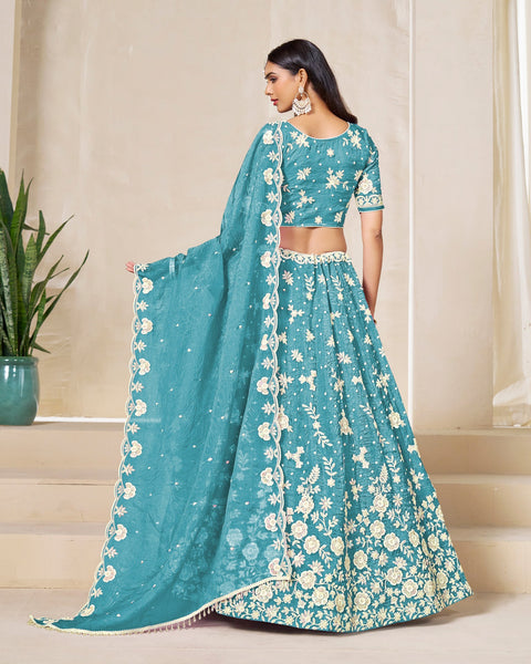 Sky Blue Crushed Organza Unstitched Thread Sequins Work Women Lehenga Choli