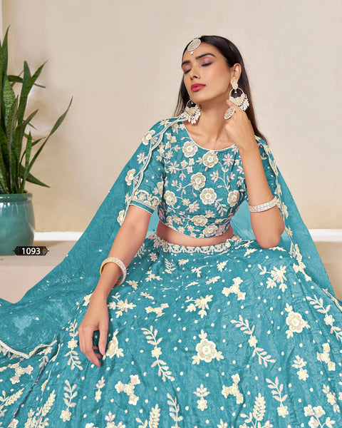 Sky Blue Crushed Organza Unstitched Thread Sequins Work Women Lehenga Choli