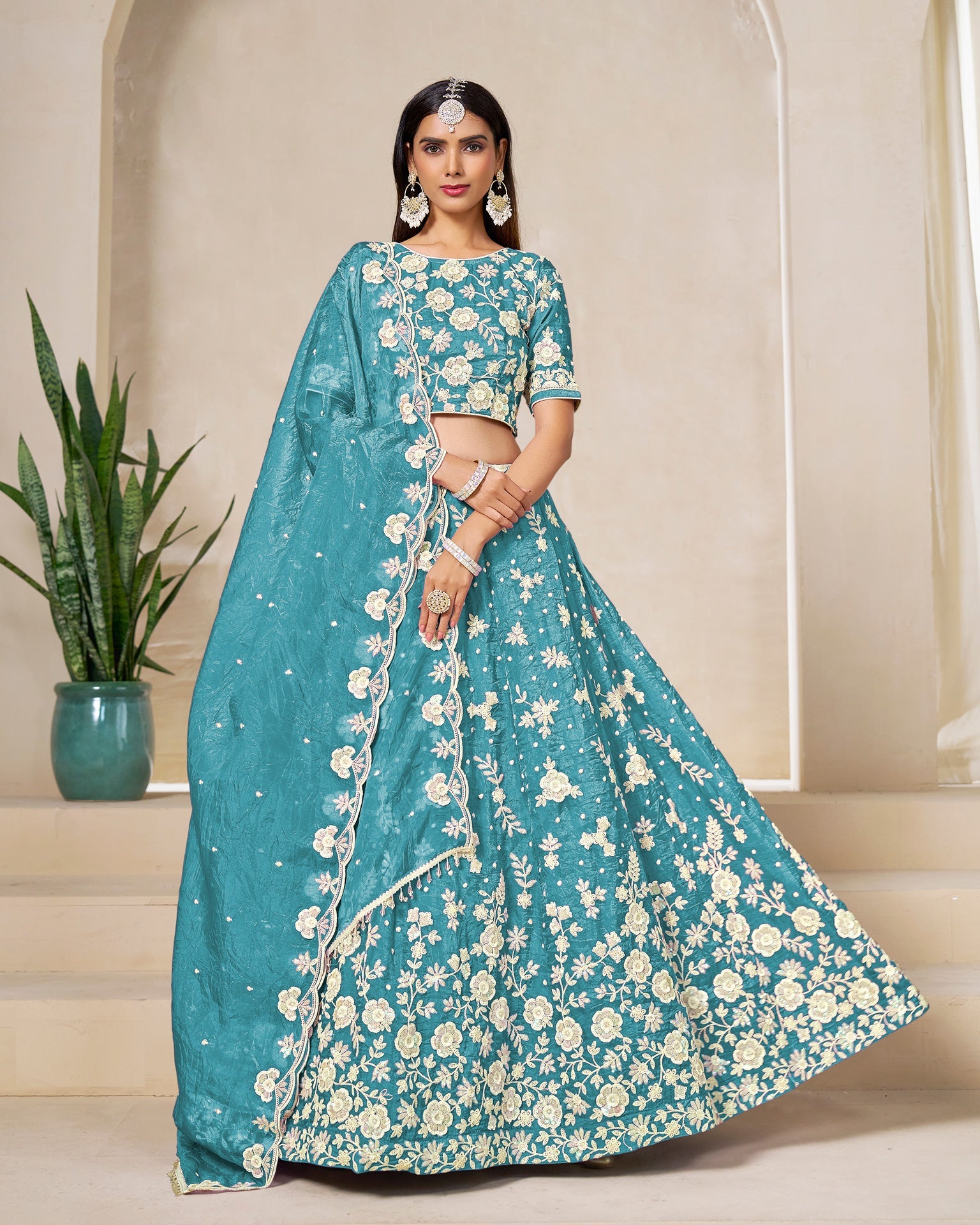 Sky Blue Crushed Organza Unstitched Thread Sequins Work Women Lehenga Choli